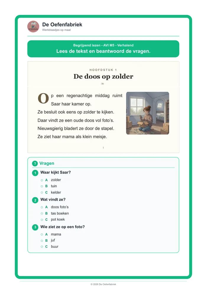 Voorbeeld van het werkblad "Verhalend" (AVI M5 tot E6, het derde leerjaar)