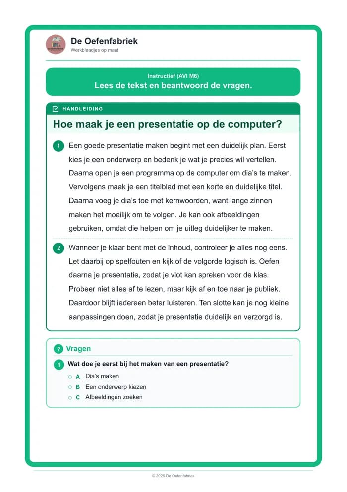 Voorbeeld van het werkblad "Instructief" (AVI M5 tot E6, het vierde leerjaar)
