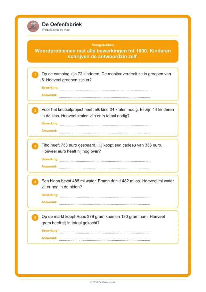 Voorbeeld van het werkblad "Vraagstukken" (Vraagstukken)