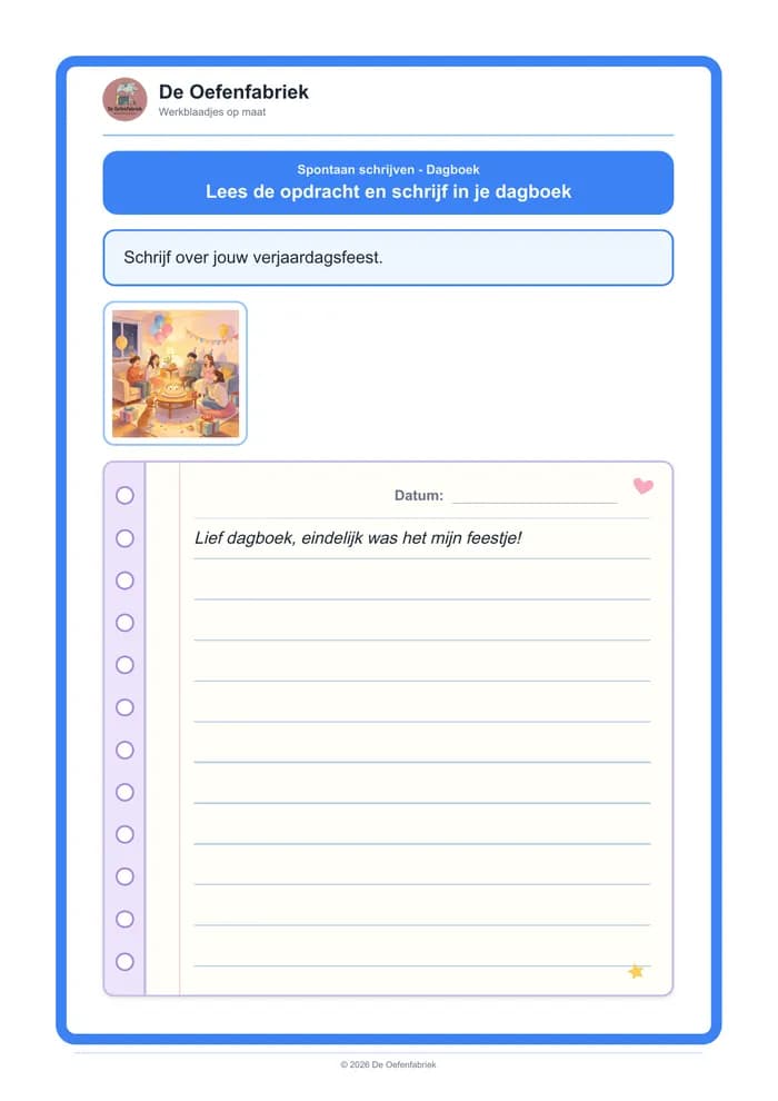 Voorbeeld van het werkblad "Spontaan schrijven - Dagboek" (Spontaan schrijven)