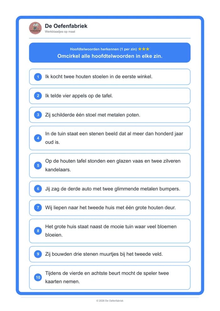 Voorbeeld van het werkblad "Hoofdtelwoorden herkennen (1 per zin)" (Taalbeschouwing)