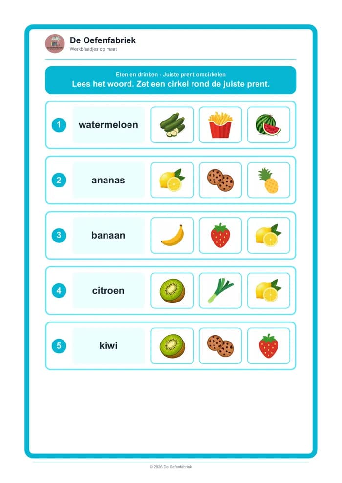 Voorbeeld van het werkblad "Eten en drinken - Juiste prent omcirkelen" (Woordenschat)