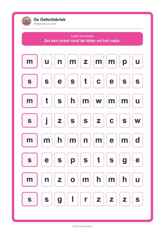 Voorbeeld van het werkblad "Letter omcirkelen" (Beginnende geletterdheid, kleuters)