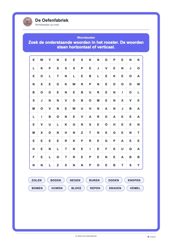 Voorbeeld van een woordzoeker met een letterrooster en een woordenlijst