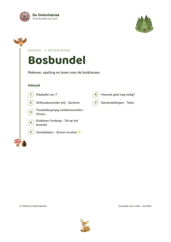 Voorblad Bosbundel in de stijl Rustig: wit blad met een groene lijn, een uil, dennenbomen en een inhoud van zeven oefeningen