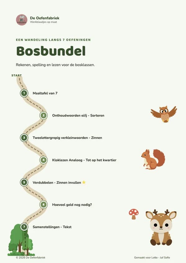 Voorblad Bosbundel in de stijl Boswandeling, met een bospad langs de oefeningen
