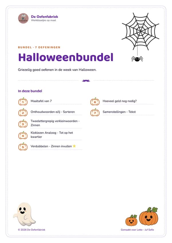 Voorblad Halloweenbundel in de stijl Rustig: wit blad met een stippelkader, een spinnenweb, een spookje en twee pompoenen
