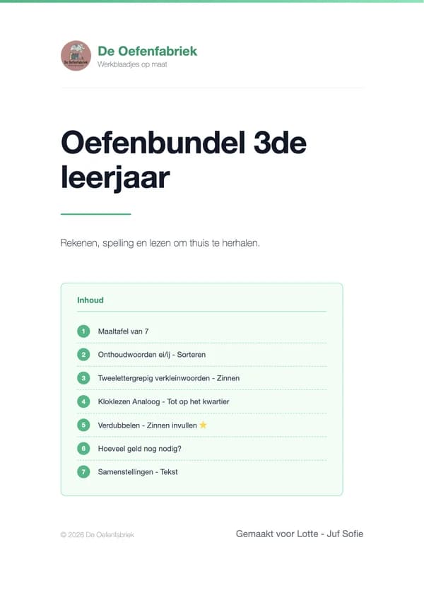 Voorblad Oefenbundel 3de leerjaar in de stijl Klassiek: witte achtergrond, groene lijn bovenaan en een inhoud van zeven oefeningen in een kader
