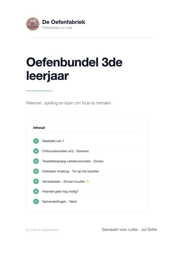 Voorblad Oefenbundel 3de leerjaar in de stijl Minimaal: sober wit blad met een grote titel en een inhoud van zeven oefeningen