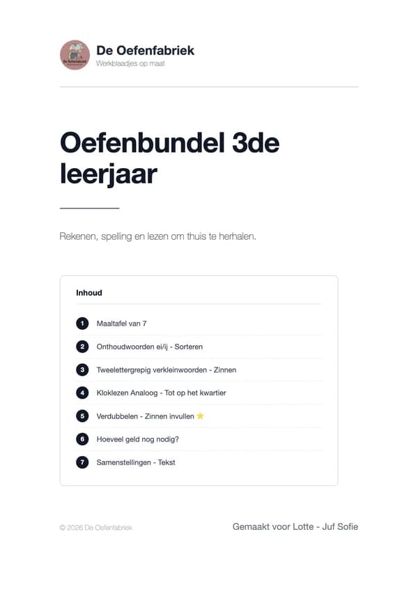 Voorblad Oefenbundel 3de leerjaar in de stijl Zwart-wit: wit blad met zwarte nummers bij de zeven oefeningen, zuinig om te printen