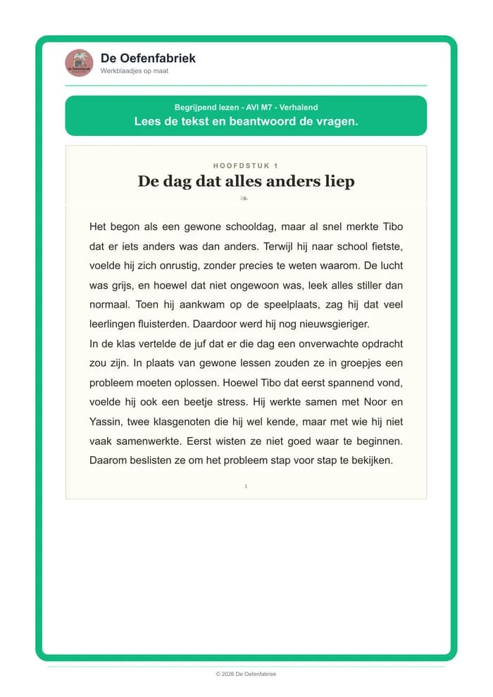 Voorbeeld van het werkblad "Verhalend" (AVI M7 tot Plus, het vijfde leerjaar)