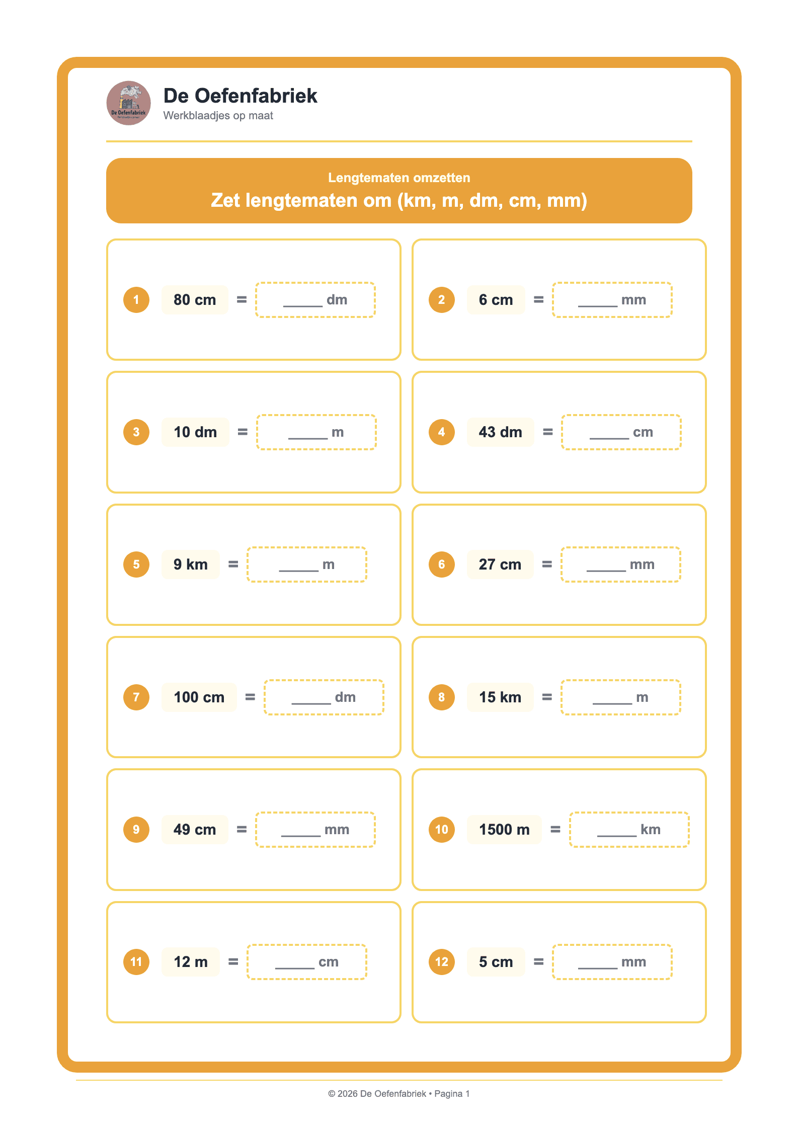Voorbeeld van het werkblad "Lengtematen omzetten" (Meetkunde en meten)