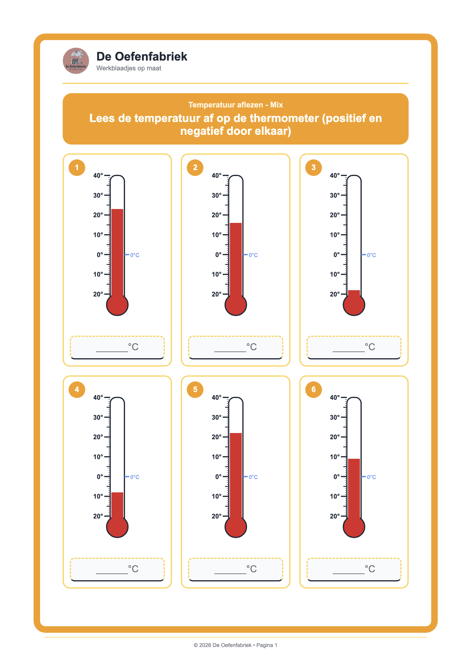 Voorbeeld van het werkblad "Temperatuur aflezen - Mix" (Meetkunde en meten)